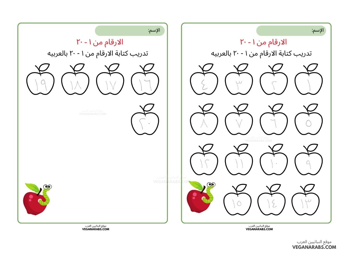 أوراق عمل الاعداد من 1 الى 20 بالعربية