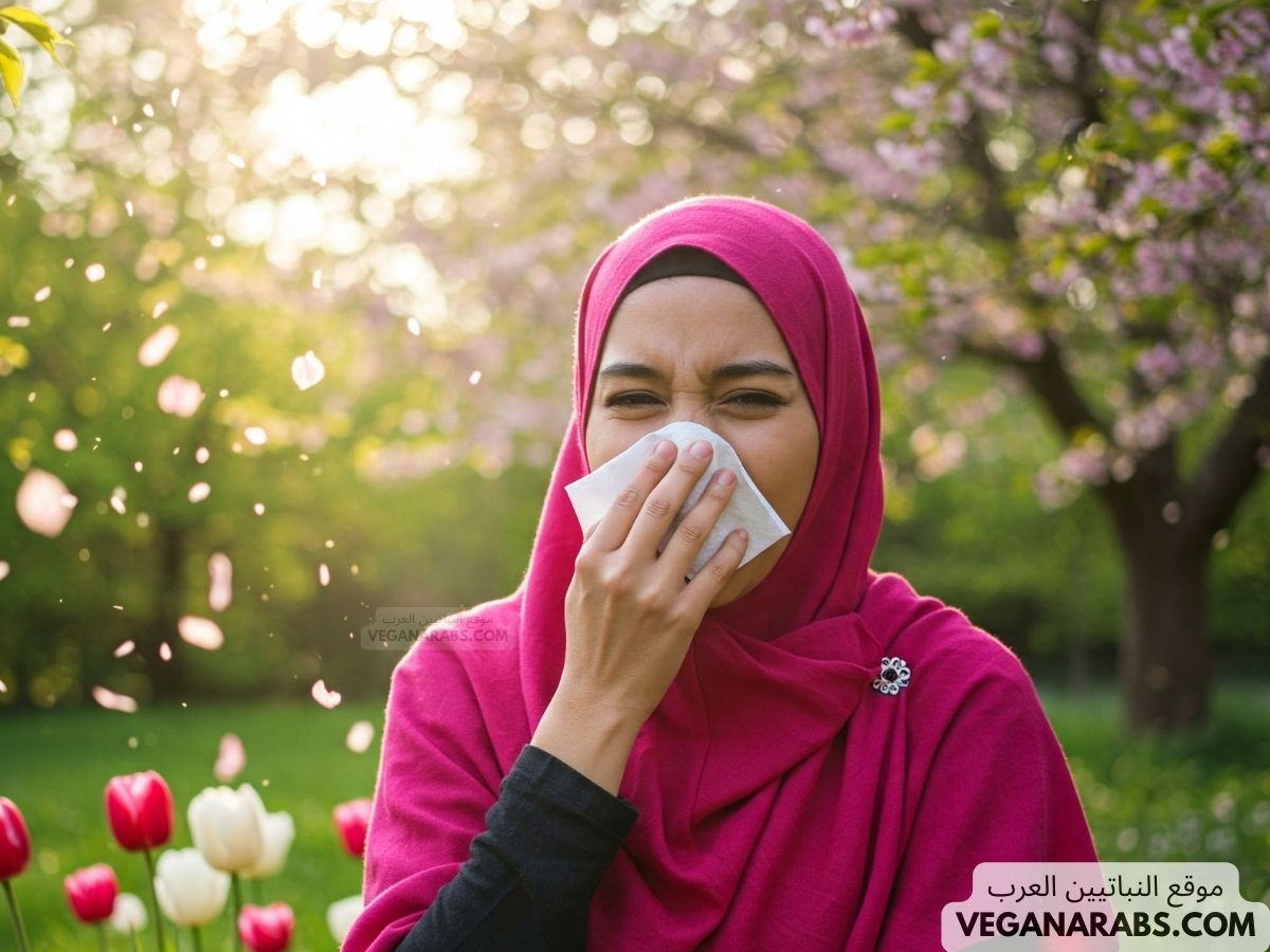 حساسيه الربيع امرأة تعطس بسبب الحساسيه من النباتات حولها