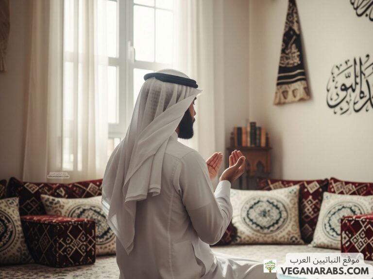 رجل مسلم يصلي بخشوع في غرفة مضيئة بأشعة الشمس