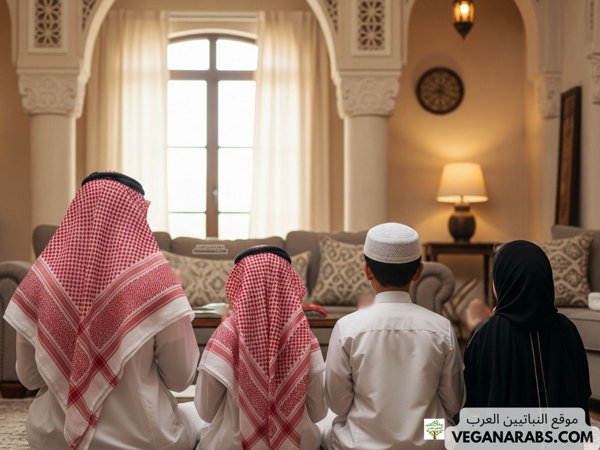 عائلة مسلمة تصلي معًا في غرفة معيشة هادئة عند اشعه الشمس. صلاه الظهر