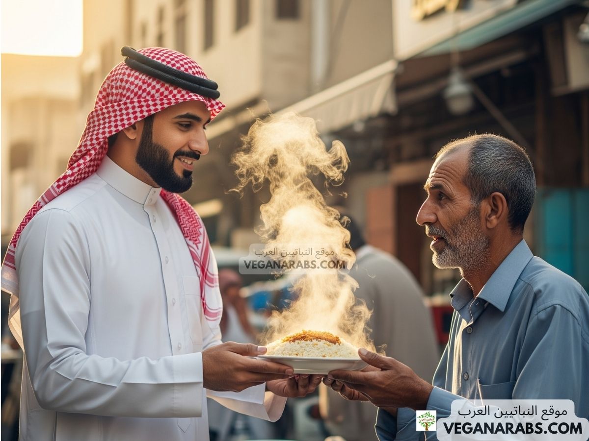 رجل مسلم يقدم صدقة لرجل مسن محتاج في الشارع تحت أشعة الشمس.