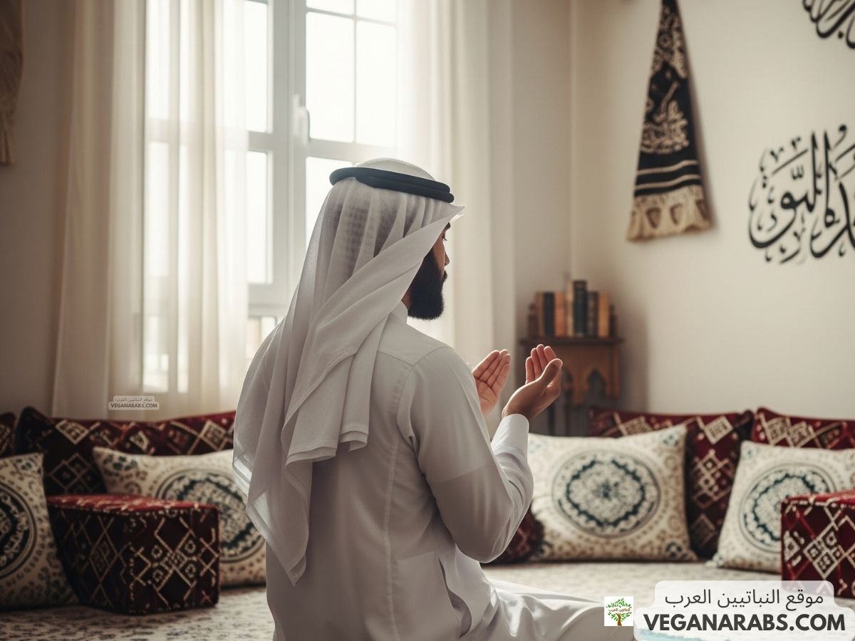 رجل مسلم يصلي بخشوع في غرفة مضيئة بأشعة الشمس