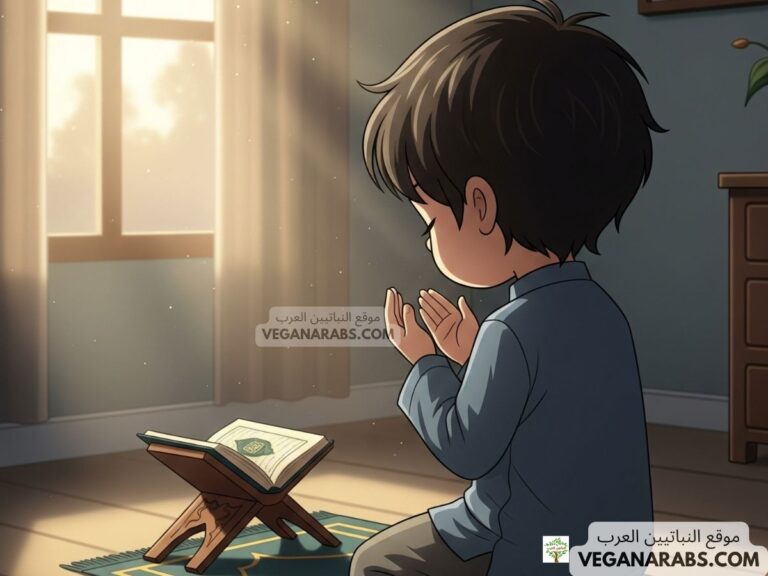 طفل مسلم يصلي الفجر في غرفة هادئة مع ضوء الفجر الخفيف ونفحة روحانية.