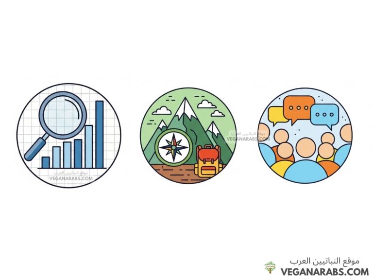Three illustrated icons: a bar chart with a magnifying glass, mountains with a compass and backpack, and a group of people with speech bubbles.