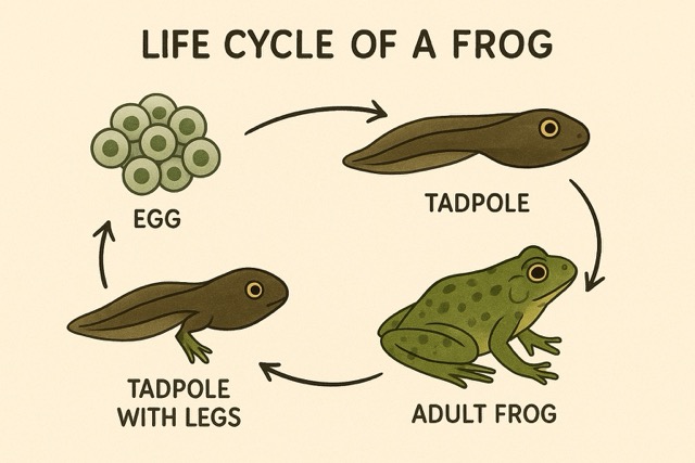 Diagram showing the life cycle of a frog: egg, tadpole, tadpole with legs, and adult frog. Arrows indicate the progression in a circular flow.