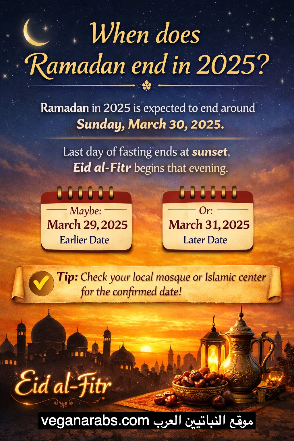 Decorative Ramadan infographic with a night sky showing a crescent moon. It notes Ramadan in 2025 may end March 29, March 30, or March 31. Background shows a sunset with silhouettes of mosques and Arabic tea set, evoking a festive mood.