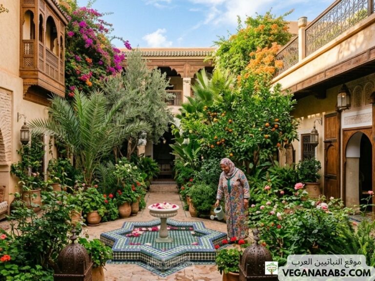 A colorful courtyard garden with a geometric fountain at the center, vibrant flowers, and lush greenery. A person waters plants, creating a serene ambiance.