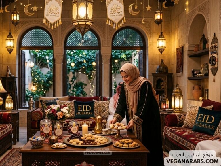 A warmly lit room decorated for Eid, with a woman in a hijab setting a table with treats. The ambiance is cozy and festive, with lanterns and "Eid Mubarak" banners.