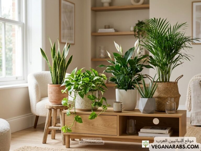 A bright, cozy living room with various potted green plants on a wooden table and stool. Natural light streams through a large window, creating a serene atmosphere.