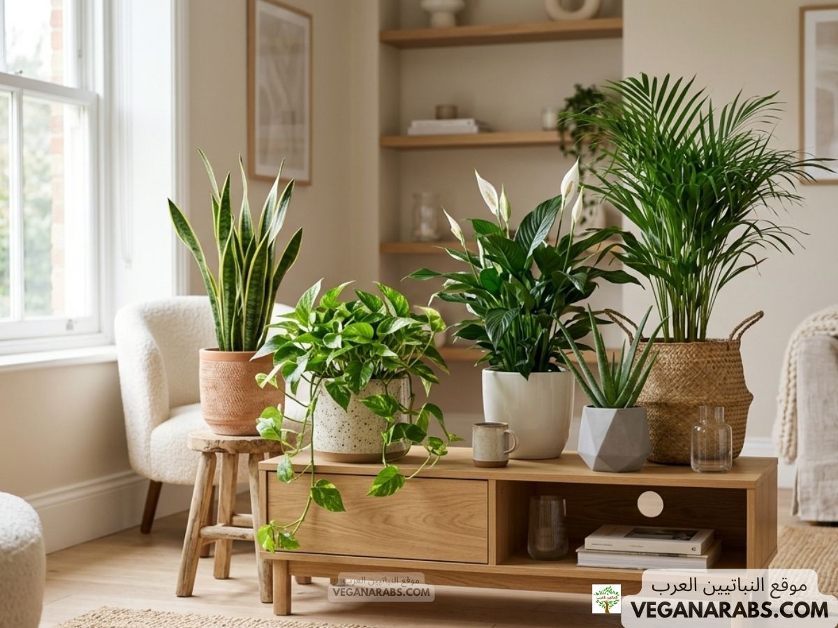 A bright, cozy living room with various potted green plants on a wooden table and stool. Natural light streams through a large window, creating a serene atmosphere.
