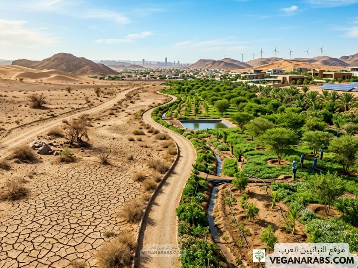 A vibrant green oasis with trees and a pond contrasts starkly against the surrounding arid desert landscape, under a clear blue sky. Wind turbines are visible in the distance.