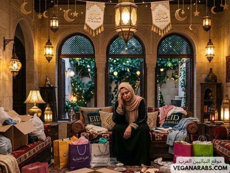 A woman in traditional clothing sits wearily among Eid shopping bags in a warmly lit room decorated with lanterns and crescent moons, conveying festive yet tired emotions.