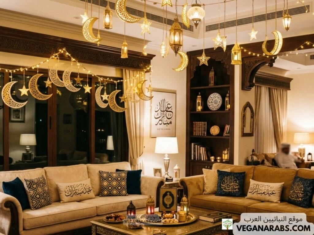 Elegant living room with warm lighting, decorated for Ramadan. Gold crescent moons and stars hang from the ceiling. Plush sofas with Arabic script pillows create a cozy atmosphere.