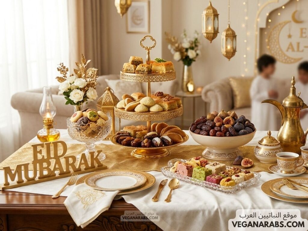 Festive Eid table with "Eid Mubarak" sign, golden tiered trays of pastries, dates, and sweets; ornate tea set and flowers create a warm, celebratory ambiance.