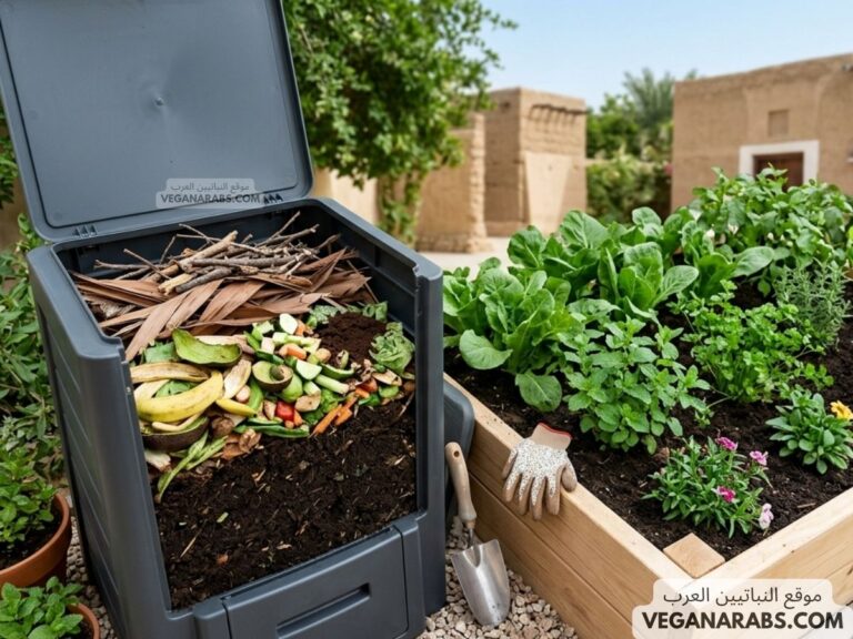 A compost bin filled with organic waste like banana peels and vegetable scraps stands next to a lush garden bed. Gardening tools and gloves rest nearby.