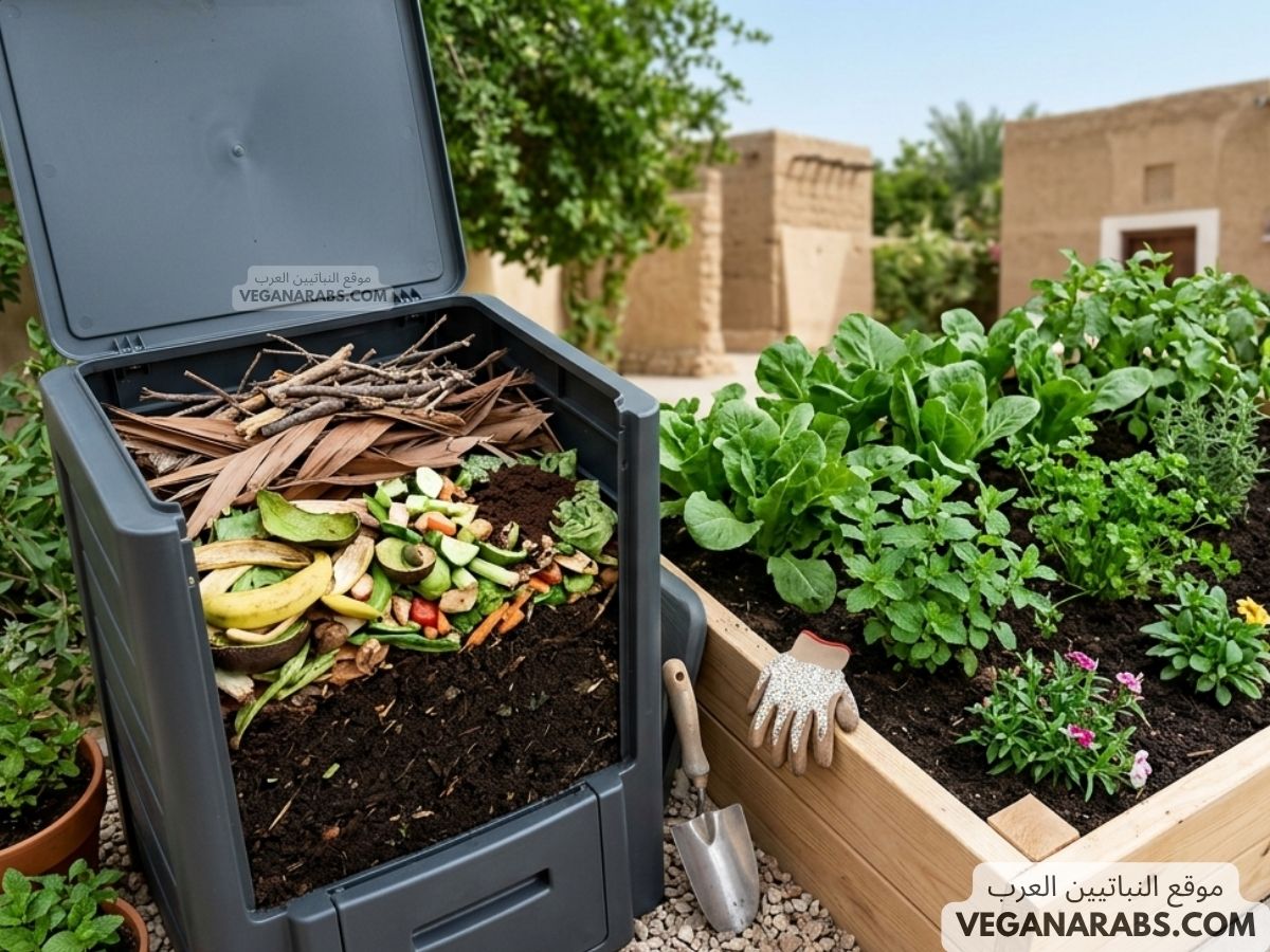 A compost bin filled with organic waste like banana peels and vegetable scraps stands next to a lush garden bed. Gardening tools and gloves rest nearby.