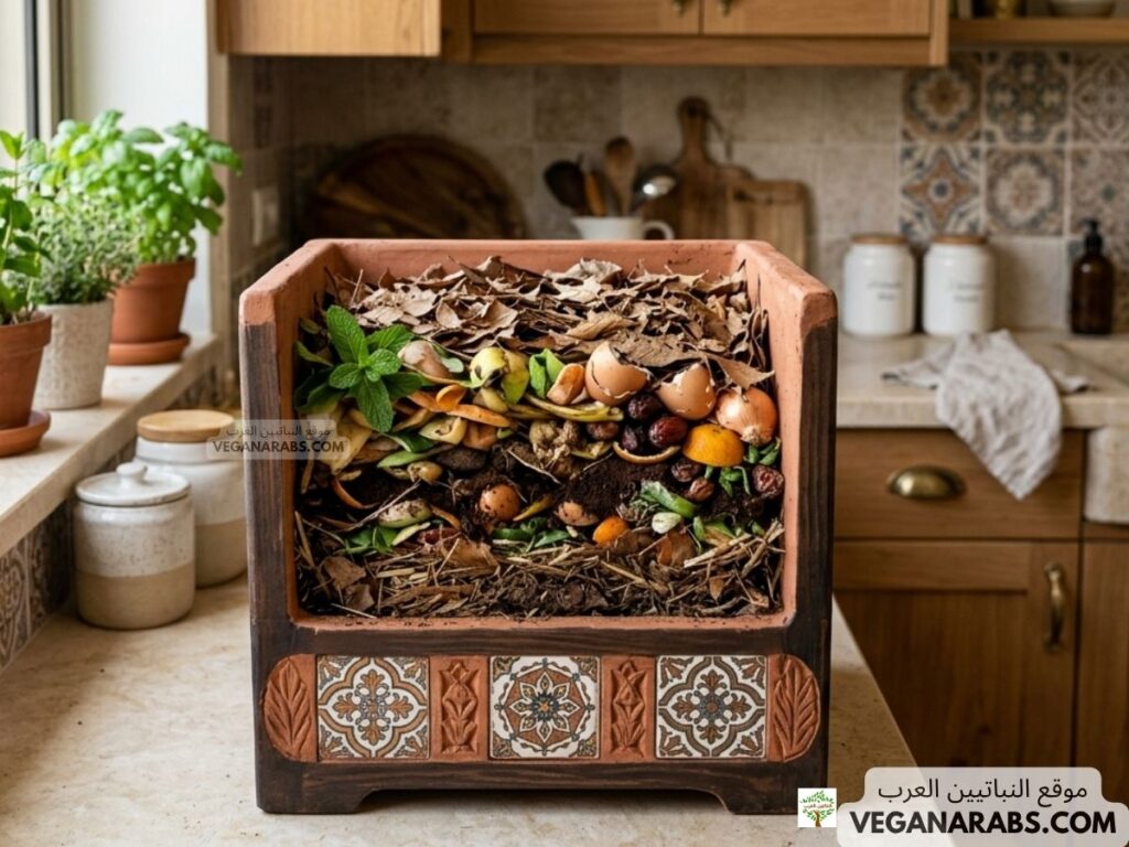 Compost bin on a kitchen counter filled with organic scraps like eggshells, fruit peels, and leaves. Herb pots and jars are in the background. Cozy, earthy tone.