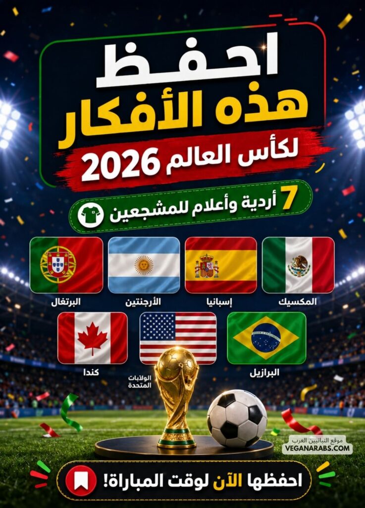ملابس دعم كرة القدم لكأس العالم 2026 من أمازون السعودية مع أردية وأعلام للمشجعين بألوان منتخبات مختلفة داخل ملعب كرة قدم